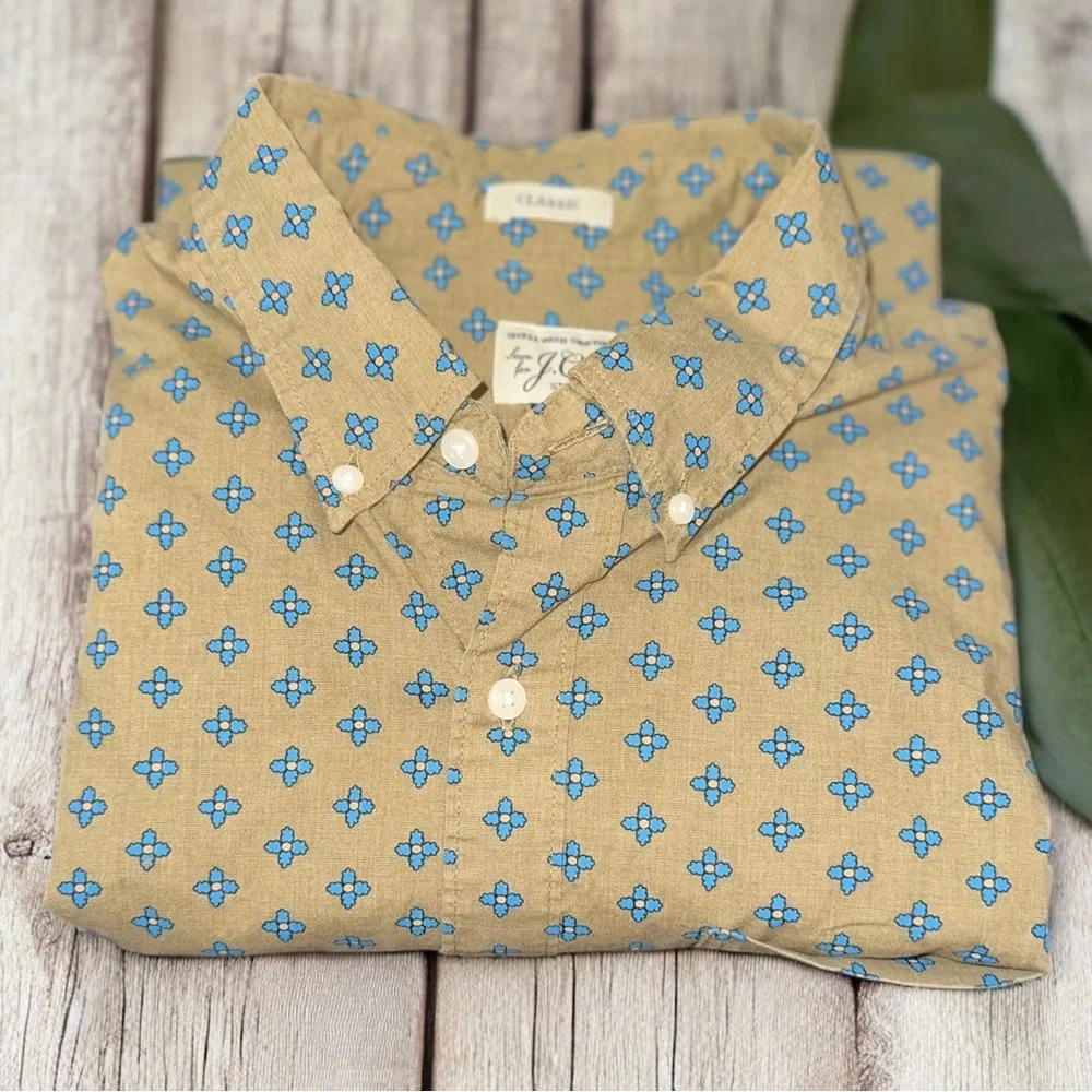 J. Crew Camp Shirt Mens Classic 100% Cotton Olive Blue Floral Button Down ~ L